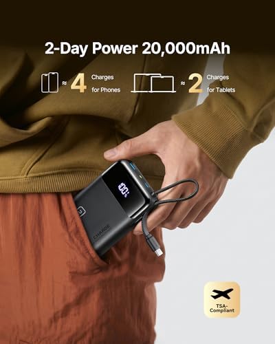 INIU 20000mAh Power Bank  Small 45W PD Fast Charging Portable Charger with Built in USB C Cable  Flight Safe Travel External Phone Battery Pack for iPhone 17 Pro Max Samsung S26 iPad etc  Black