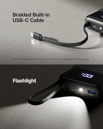 INIU 20000mAh Power Bank  Small 45W PD Fast Charging Portable Charger with Built in USB C Cable  Flight Safe Travel External Phone Battery Pack for iPhone 17 Pro Max Samsung S26 iPad etc  Black