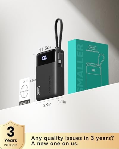 INIU 20000mAh Power Bank  Small 45W PD Fast Charging Portable Charger with Built in USB C Cable  Flight Safe Travel External Phone Battery Pack for iPhone 17 Pro Max Samsung S26 iPad etc  Black