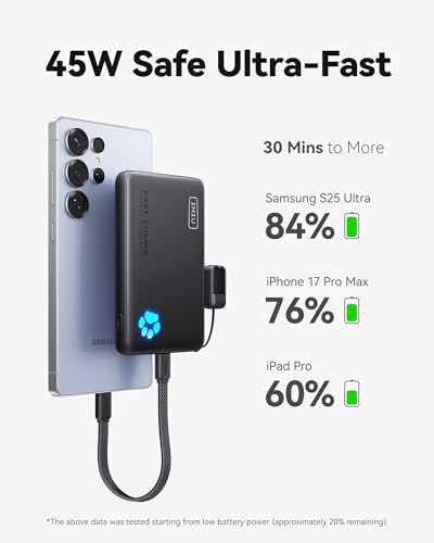 INIU 45W Fast Charging Portable Charger  40  Smaller 10000mAh with Detachable Cable  Flight Safe Travel Power Bank  USB C External Phone Battery Pack for iPhone 17 16 Pro iPad Samsung S26 Google etc