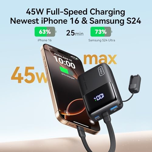 INIU 45W Mini Power Bank   45W Portable Charger with Built in USB C Cable