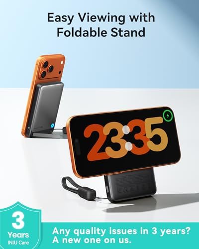 INIU Magnetic Portable Charger  Ultra Slim Qi2 Certified 10000mAh 45W Fast Charging Power Bank  Wireless Battery Pack with Foldable Stand  Phone Charger Only for iPhone 16/15/14/13/12 Series  Blue