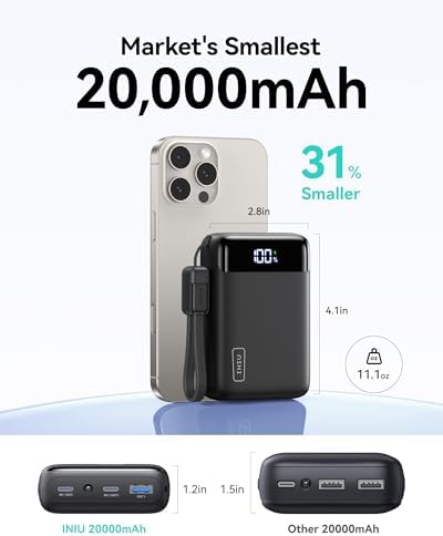 INIU Portable Charger  Smallest 22 5W 20000mAh USB C in & Out Power Bank Fast Charging  PD 3 0 QC 4 0 LED Display Phone Battery Pack Compatible with iPhone 17 16 15 14 Pro Samsung S24 Google iPad etc