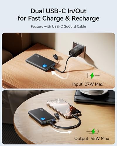 INIU Portable Charger  Ultra Slim 45W Fast Charging with Attached USB C Cable  Flight Safe 10000mAh PD Power Bank Battery Pack  Travel Essential Phone Powerbank for iPhone 17 16 Samsung S25 Google etc