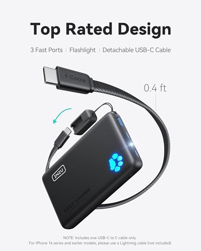 INIU Portable Charger  Ultra Slim 45W Fast Charging with Attached USB C Cable  Flight Safe 10000mAh PD Power Bank Battery Pack  Travel Essential Phone Powerbank for iPhone 17 16 Samsung S25 Google etc