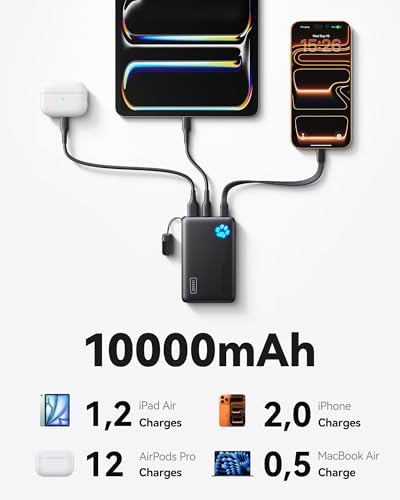 INIU Portable Charger  Ultra Slim 45W Fast Charging with Attached USB C Cable  Flight Safe 10000mAh PD Power Bank Battery Pack  Travel Essential Phone Powerbank for iPhone 17 16 Samsung S25 Google etc