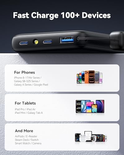 INIU Portable Charger  Ultra Slim 45W Fast Charging with Attached USB C Cable  Flight Safe 10000mAh PD Power Bank Battery Pack  Travel Essential Phone Powerbank for iPhone 17 16 Samsung S25 Google etc