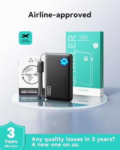 INIU Portable Charger  Ultra Slim 45W Fast Charging with Attached USB C Cable  Flight Safe 10000mAh PD Power Bank Battery Pack  Travel Essential Phone Powerbank for iPhone 17 16 Samsung S25 Google etc