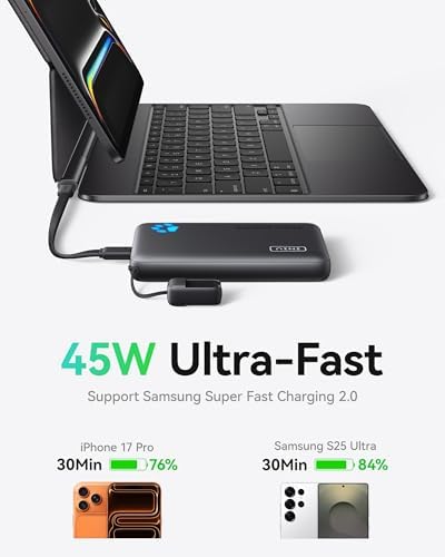 INIU Portable Charger  Ultra Slim 45W Fast Charging with Attached USB C Cable  Flight Safe 10000mAh PD Power Bank Battery Pack  Travel Essential Phone Powerbank for iPhone 17 16 Samsung S25 Google etc