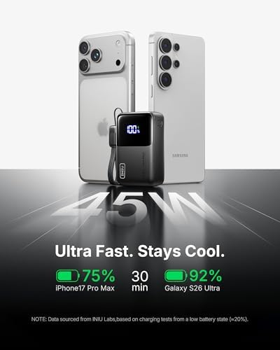 INIU Portable Charger  Ultra Mini 10000mAh 45W Fast Charging with Detachable Cable  Flight Safe Travel USB C Power Bank External Phone Battery Pack for Xiaomi iPhone 17 16 Samsung S26 Google iPad etc