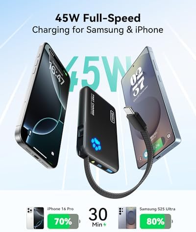 INIU Portable Charger with Flashlight  45W Fast Charging Tablet Power Bank with USB C Cable  10000mAh Powerbank  Battery Pack for iPhone 17 16  iPad  Samsung S25 etc Travel Essential  Emergency Light