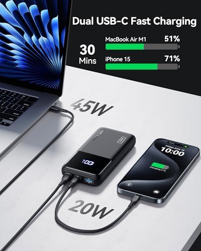 INIU Power Bank  20000mAh 65W Ultra Compact USB C Laptop Portable Charger  PD QC Fast Charging 3 Output External Battery Pack for Laptop MacBook iPad Tablet Steam Deck iPhone 17 16 15 Pro Samsung S24
