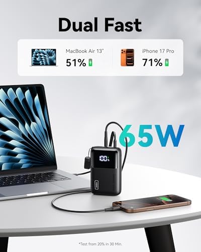 INIU Banco de energía, 20000mAh, 65 W, ultra compacto, USB C, cargador portátil, PD QC, carga rápida, 3 salidas, batería externa para portátil, MacBook, iPad, tableta, Steam Deck, iPhone 17, 16, 15