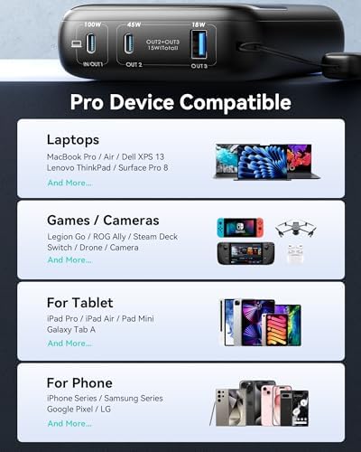 INIU Power Bank  25000mAh 100W USB C Laptop Portable Charger  PD QC Fast Charging 3 Output Battery Pack  Travel Charger for Laptop MacBook iPad Tablet Steam Deck iPhone 17 16 15 14 Pro Samsung S25 etc