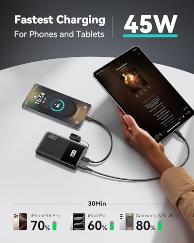 INIU Small Portable Charger  45W PD Fast Charging 10000mAh Power Bank  Battery Pack with Attached USB C Cable  Travel Essentials Powerbank for iPhone 17 16 15 14 Pro Air  Xiaomi  Samsung S25 S24 etc