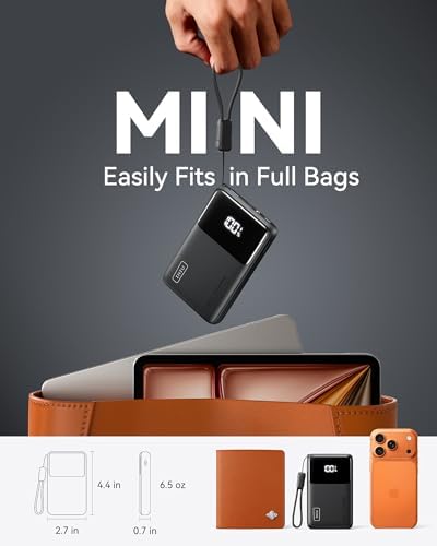 INIU Small Portable Charger  45W PD Fast Charging 10000mAh Power Bank  Battery Pack with Attached USB C Cable  Travel Essentials Powerbank for iPhone 17 16 15 14 Pro Air  Xiaomi  Samsung S25 S24 etc