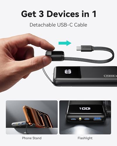 INIU Small Portable Charger  45W PD Fast Charging 10000mAh Power Bank  Battery Pack with Attached USB C Cable  Travel Essentials Powerbank for iPhone 17 16 15 14 Pro Air  Xiaomi  Samsung S25 S24 etc