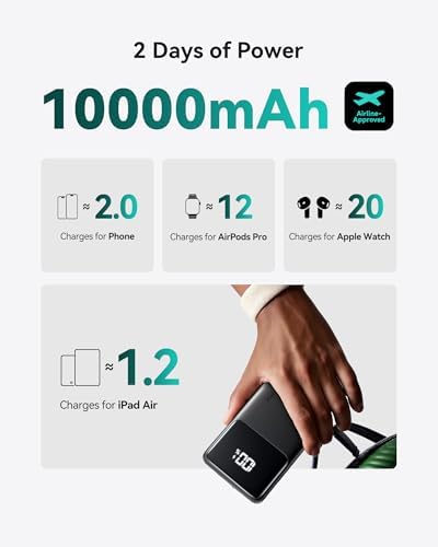 INIU Small Portable Charger  45W PD Fast Charging 10000mAh Power Bank  Battery Pack with Attached USB C Cable  Travel Essentials Powerbank for iPhone 17 16 15 14 Pro Air  Xiaomi  Samsung S25 S24 etc