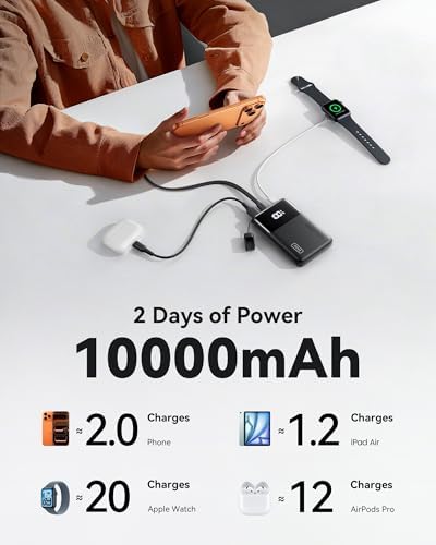 INIU Small Portable Charger  45W PD Fast Charging 10000mAh Power Bank  Battery Pack with Attached USB C Cable  Travel Essentials Powerbank for iPhone 17 16 15 14 Pro Air  Xiaomi  Samsung S25 S24 etc