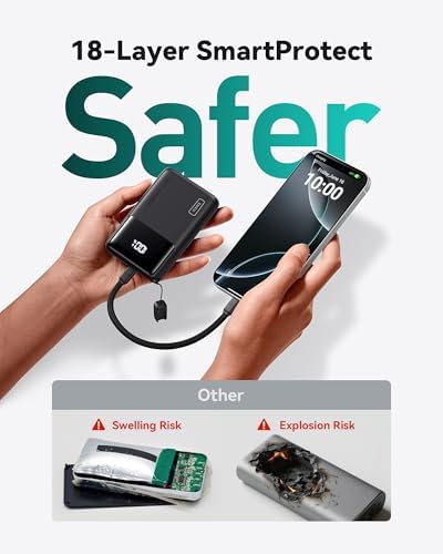 INIU Small Portable Charger  45W PD Fast Charging 10000mAh Power Bank  Battery Pack with Attached USB C Cable  Travel Essentials Powerbank for iPhone 17 16 15 14 Pro Air  Xiaomi  Samsung S25 S24 etc