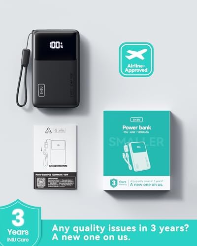 INIU Small Portable Charger  45W PD Fast Charging 10000mAh Power Bank  Battery Pack with Attached USB C Cable  Travel Essentials Powerbank for iPhone 17 16 15 14 Pro Air  Xiaomi  Samsung S25 S24 etc