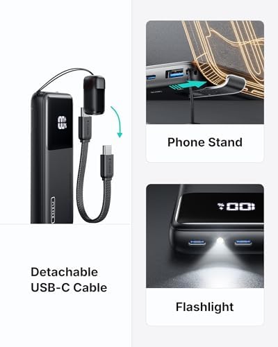 INIU Ultra Compact Portable Charger  10000mAh 45W Fast Charging Power Bank with Detachable USB C Cable & Stand  Flight Safe Travel Battery Pack for iPhone 17 16 15 Pro Max Air  Samsung S26  iPad  etc