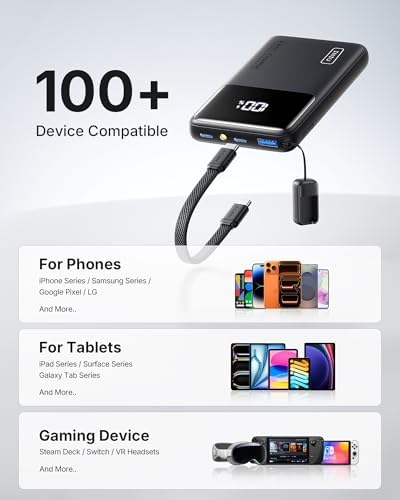 INIU Ultra Compact Portable Charger  10000mAh 45W Fast Charging Power Bank with Detachable USB C Cable & Stand  Flight Safe Travel Battery Pack for iPhone 17 16 15 Pro Max Air  Samsung S26  iPad  etc