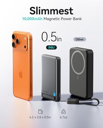 INIU for Magsafe Power Bank  Slimmest 10000mAh Qi2 Certified 15W Magnetic Portable Charger  45W Fast Charging with Built in USB C Cable  Battery Pack with Stand for iPhone Air 17 16 15 14 13 12 Only