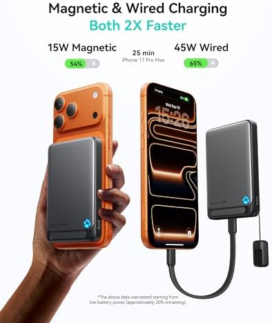 INIU for Magsafe Power Bank  Slimmest 10000mAh Qi2 Certified 15W Magnetic Portable Charger  45W Fast Charging with Built in USB C Cable  Battery Pack with Stand for iPhone Air 17 16 15 14 13 12 Only