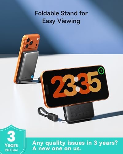 INIU for Magsafe Power Bank  Slimmest 10000mAh Qi2 Certified 15W Magnetic Portable Charger  45W Fast Charging with Built in USB C Cable  Battery Pack with Stand for iPhone Air 17 16 15 14 13 12 Only