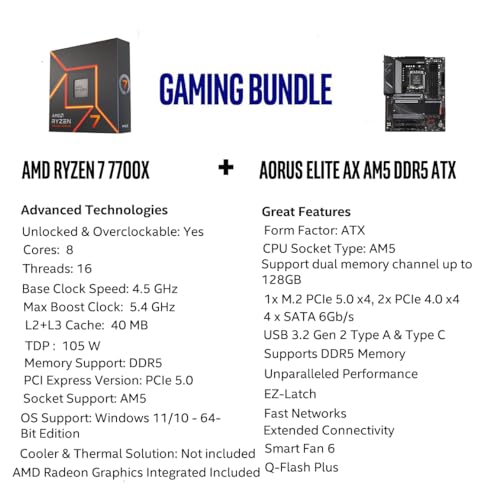 INLAND AMD Ryzen 7 7700X 8 Core 16 Thread AM5 5 4 GHz Unlocked Desktop Processor Bundle with GIGABYTE B650 AORUS Elite AX AM5 DDR5 ATX Gaming Motherboard
