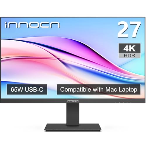 INNOCN 27 Inch 4K Monitor for MacBook Air/Pro  Mac mini PC  3840 x 2160 LCD IPS Display  HDR400  USB C 65W  DP  HDMI  PC Monitor  1 07B  Colors  Built in Speakers  Pivot Adjustable Stand  Black