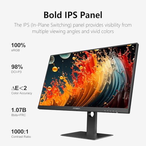 INNOCN 27 Inch 4K Monitor for MacBook Air/Pro  Mac mini PC  3840 x 2160 LCD IPS Display  HDR400  USB C 65W  DP  HDMI  PC Monitor  1 07B  Colors  Built in Speakers  Pivot Adjustable Stand  Black