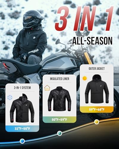 Talla L, IRON JIAS Motorcycle Jacket  CE Certified  3 in 1 Winter Windproof Riding Hoodie for Cold Weather with Removable Warm Liner L