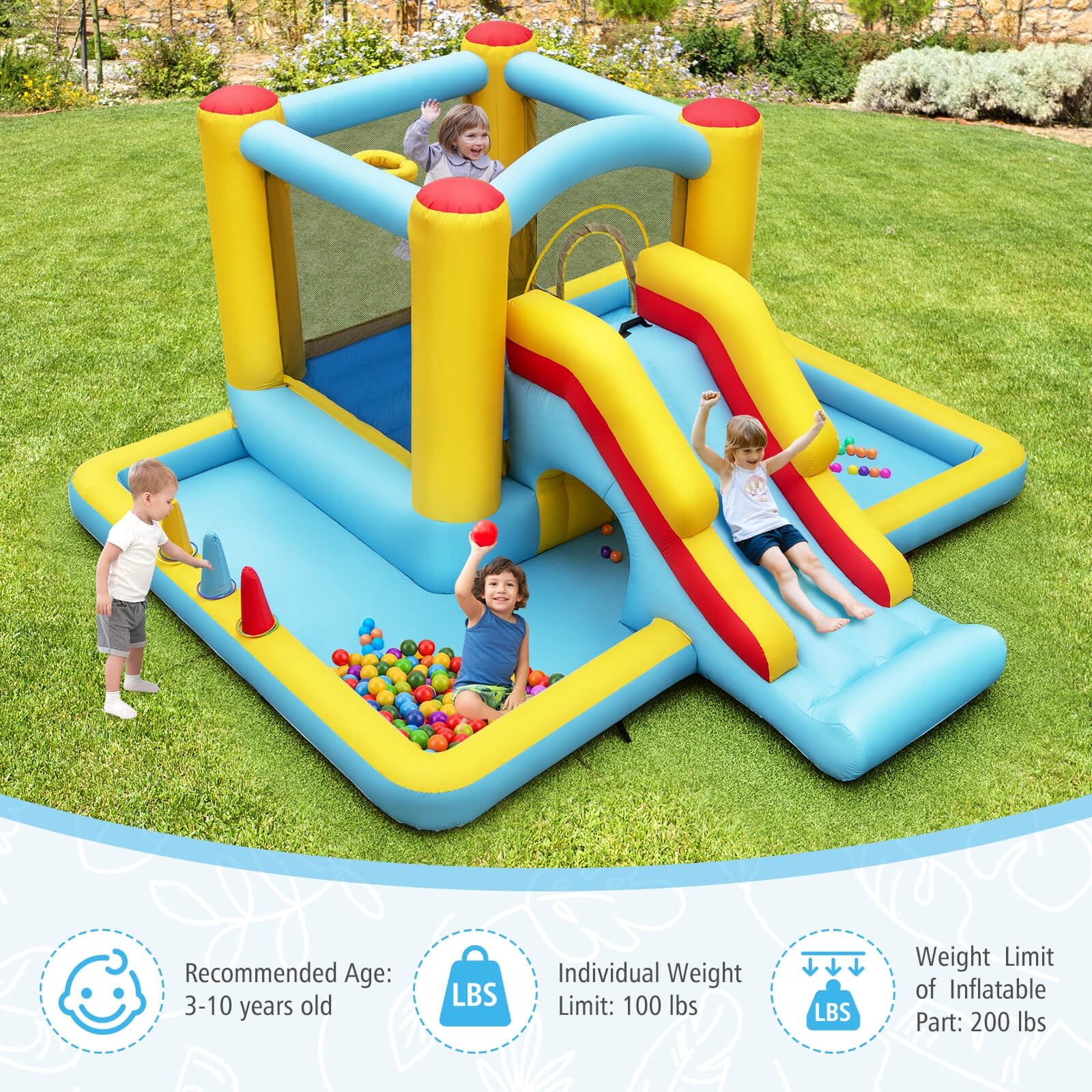 Infans Inflatable Bounce House with Slide Jumping Area Tunnel Ball Pit Blower Excluded