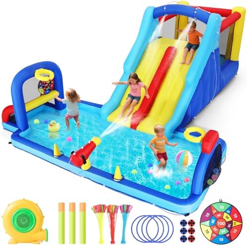 Inflatable Water Slide Bounce House  Double Slide Bouncer Castle Playhouse w/Splash Pool Jump Area  Climbing Wall Basketball Hoop  Water Balls  550W Air Blower for Kids Birthday Party  Indoor Outdoor