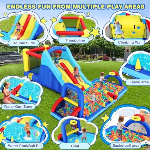 Inflatable Water Slide Bounce House  Double Slide Bouncer Castle Playhouse w/Splash Pool Jump Area  Climbing Wall Basketball Hoop  Water Balls  550W Air Blower for Kids Birthday Party  Indoor Outdoor