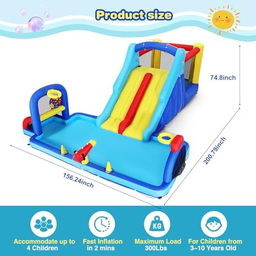Inflatable Water Slide Bounce House  Double Slide Bouncer Castle Playhouse w/Splash Pool Jump Area  Climbing Wall Basketball Hoop  Water Balls  550W Air Blower for Kids Birthday Party  Indoor Outdoor