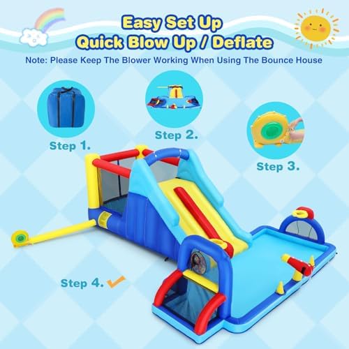Inflatable Water Slide Bounce House  Double Slide Bouncer Castle Playhouse w/Splash Pool Jump Area  Climbing Wall Basketball Hoop  Water Balls  550W Air Blower for Kids Birthday Party  Indoor Outdoor