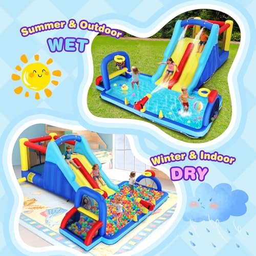 Inflatable Water Slide Bounce House  Double Slide Bouncer Castle Playhouse w/Splash Pool Jump Area  Climbing Wall Basketball Hoop  Water Balls  550W Air Blower for Kids Birthday Party  Indoor Outdoor