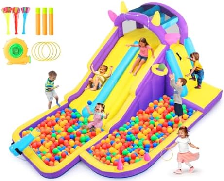 Inflatable Water Slide Bounce House  Double Slide Bouncer Castle Playhouse w/Splash Pool Jump Area  Climbing Wall Basketball Hoop  Water Balls  550W Air Blower for Kids Birthday Party  Indoor Outdoor