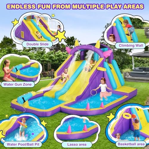 Inflatable Water Slide Bounce House  Double Slide Bouncer Castle Playhouse w/Splash Pool Jump Area  Climbing Wall Basketball Hoop  Water Balls  550W Air Blower for Kids Birthday Party  Indoor Outdoor
