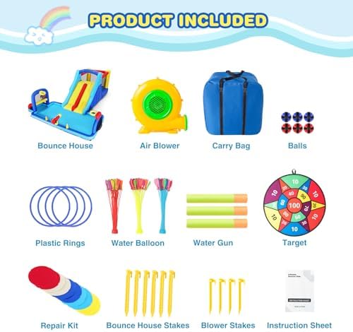 Inflatable Water Slide Bounce House  Double Slide Bouncer Castle Playhouse w/Splash Pool Jump Area  Climbing Wall Basketball Hoop  Water Balls  550W Air Blower for Kids Birthday Party  Indoor Outdoor