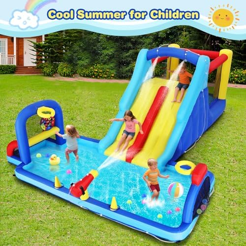 Inflatable Water Slide Bounce House  Double Slide Bouncer Castle Playhouse w/Splash Pool Jump Area  Climbing Wall Basketball Hoop  Water Balls  550W Air Blower for Kids Birthday Party  Indoor Outdoor