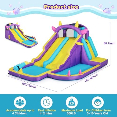 Inflatable Water Slide Bounce House  Double Slide Bouncer Castle Playhouse w/Splash Pool Jump Area  Climbing Wall Basketball Hoop  Water Balls  550W Air Blower for Kids Birthday Party  Indoor Outdoor