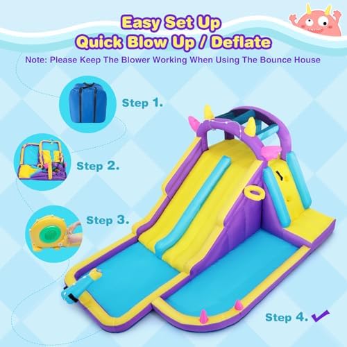 Inflatable Water Slide Bounce House  Double Slide Bouncer Castle Playhouse w/Splash Pool Jump Area  Climbing Wall Basketball Hoop  Water Balls  550W Air Blower for Kids Birthday Party  Indoor Outdoor