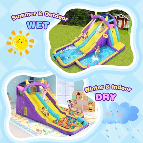 Inflatable Water Slide Bounce House  Double Slide Bouncer Castle Playhouse w/Splash Pool Jump Area  Climbing Wall Basketball Hoop  Water Balls  550W Air Blower for Kids Birthday Party  Indoor Outdoor