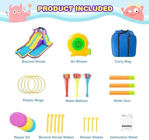 Inflatable Water Slide Bounce House  Double Slide Bouncer Castle Playhouse w/Splash Pool Jump Area  Climbing Wall Basketball Hoop  Water Balls  550W Air Blower for Kids Birthday Party  Indoor Outdoor