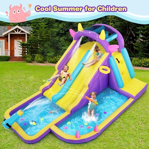 Inflatable Water Slide Bounce House  Double Slide Bouncer Castle Playhouse w/Splash Pool Jump Area  Climbing Wall Basketball Hoop  Water Balls  550W Air Blower for Kids Birthday Party  Indoor Outdoor