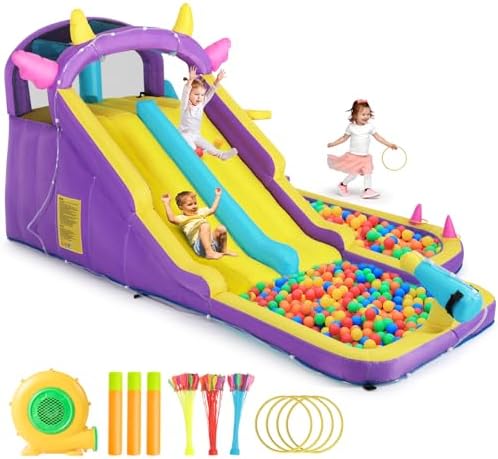Inflatable Water Slide Bounce House  Double Slide Bouncer Castle Playhouse w/Splash Pool Jump Area  Climbing Wall Basketball Hoop  Water Balls  550W Air Blower for Kids Birthday Party  Indoor Outdoor